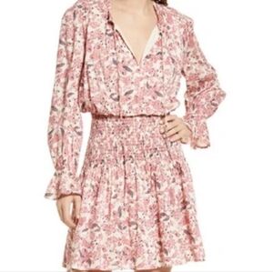 Evereve Roan + Ryan Pink Floral Smocked Mini Dress Long Sleeve Tie Neck Size S